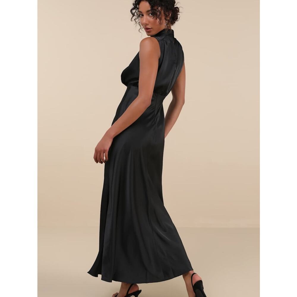 Lulu's Classic Elegance Black Satin Mock Neck Maxi Dress with Side Slits Size M - Picture 3 of 8